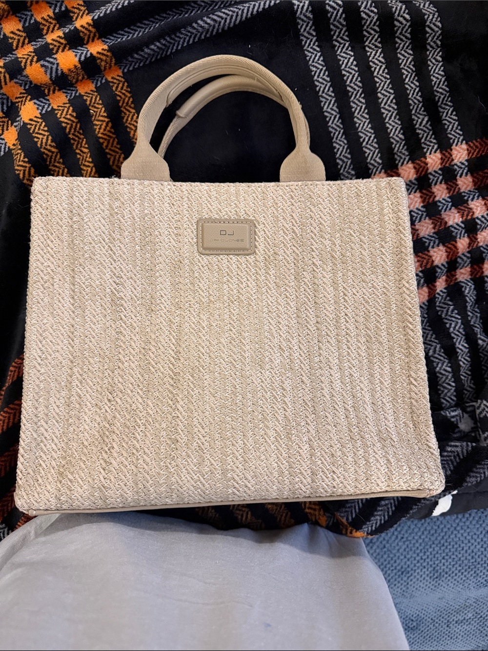David Jones Neutral Woven Tote Bag with Top Handles